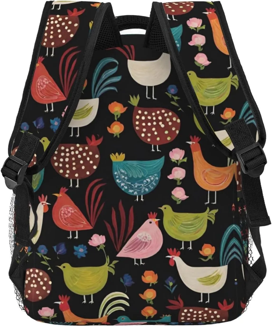 Men Women Lightweight Cluck! Cluck Chicken Art Daypack Bookbag Big Capacity Carry On Bag With Side Pockets for Camping Travel Bicycle