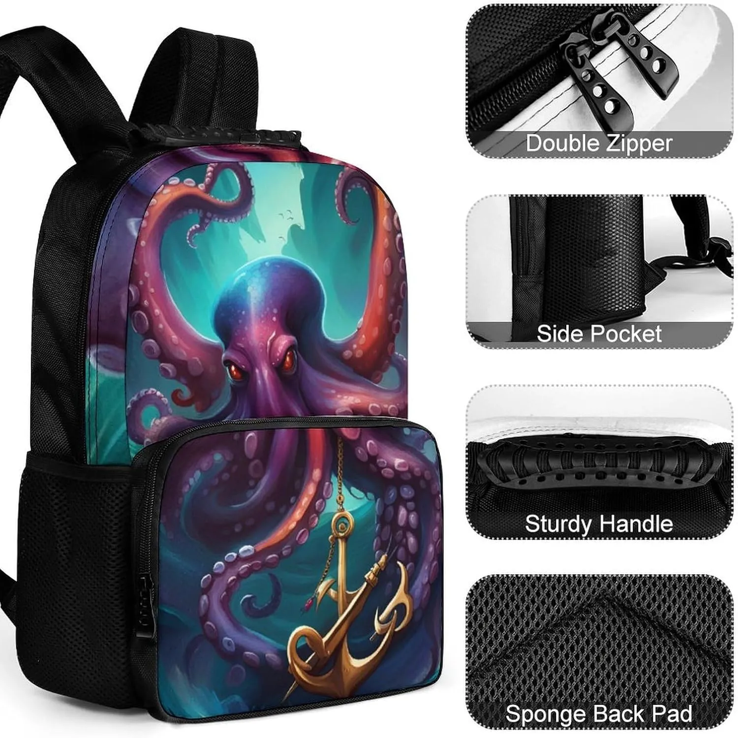 Men Women Lightweight Mysterious Octopus Monster Art Casual Daypack Big Capacity Bookbag With Padded Straps for Gym Travel Walking Cycling