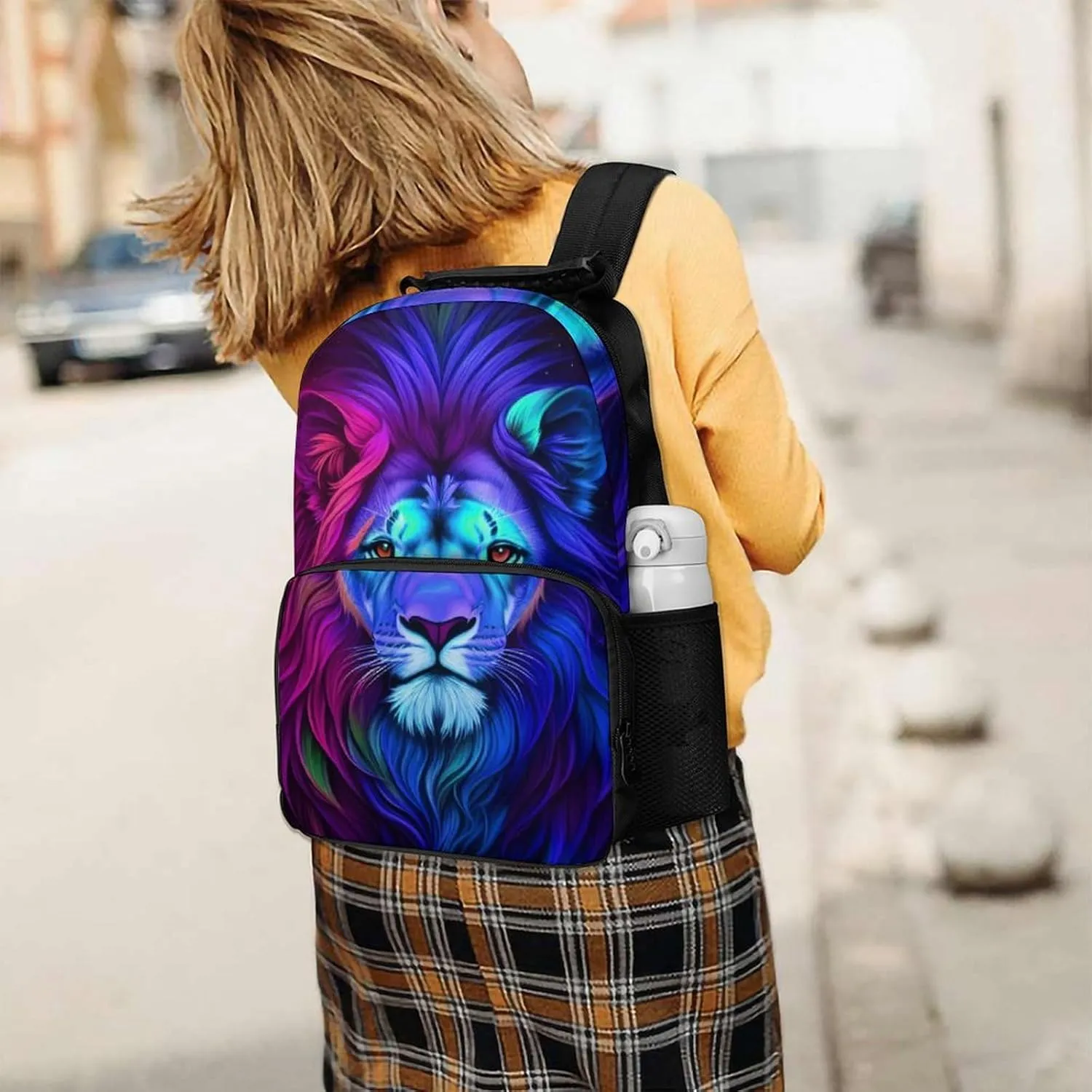 Men Women Lightweight Psychedelic Lion Art Daypack Bookbag Big Capacity Carry On Bag With Side Pockets for Camping Travel Bicycle