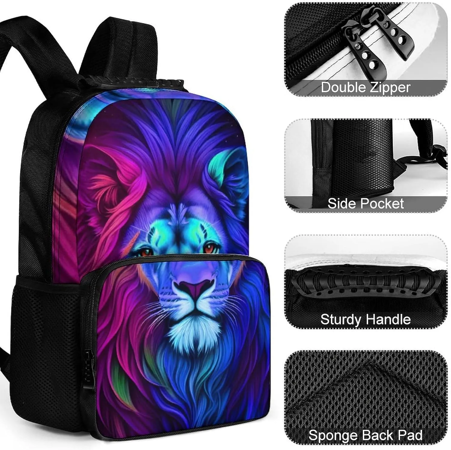 Men Women Lightweight Psychedelic Lion Art Daypack Bookbag Big Capacity Carry On Bag With Side Pockets for Camping Travel Bicycle