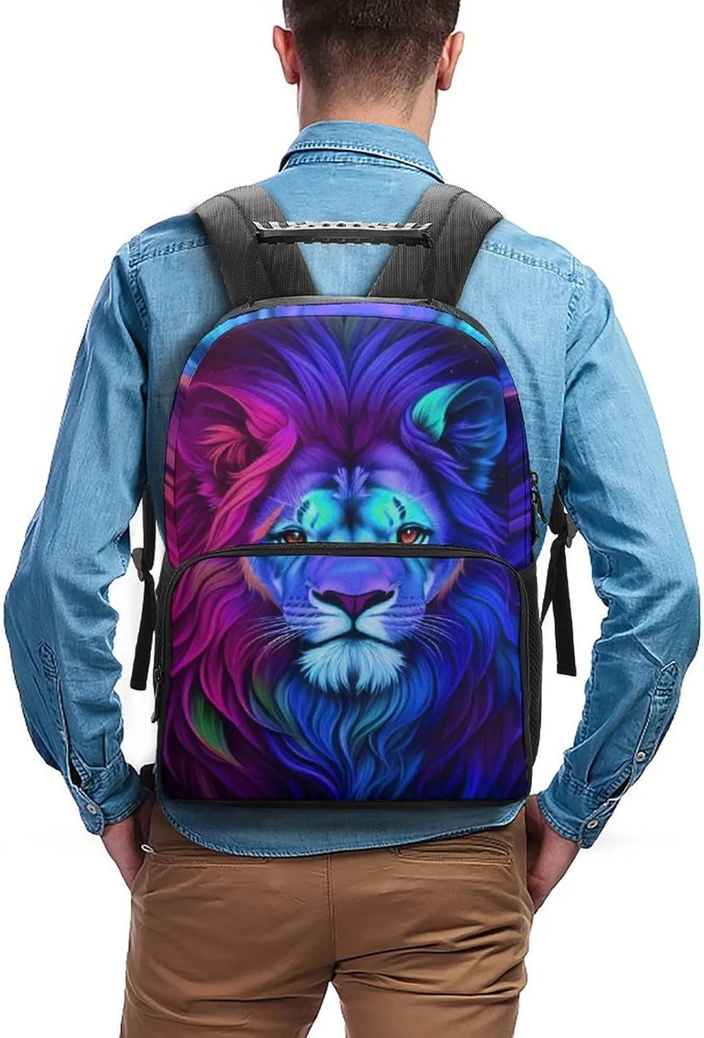 Men Women Lightweight Psychedelic Lion Art Daypack Bookbag Big Capacity Carry On Bag With Side Pockets for Camping Travel Bicycle