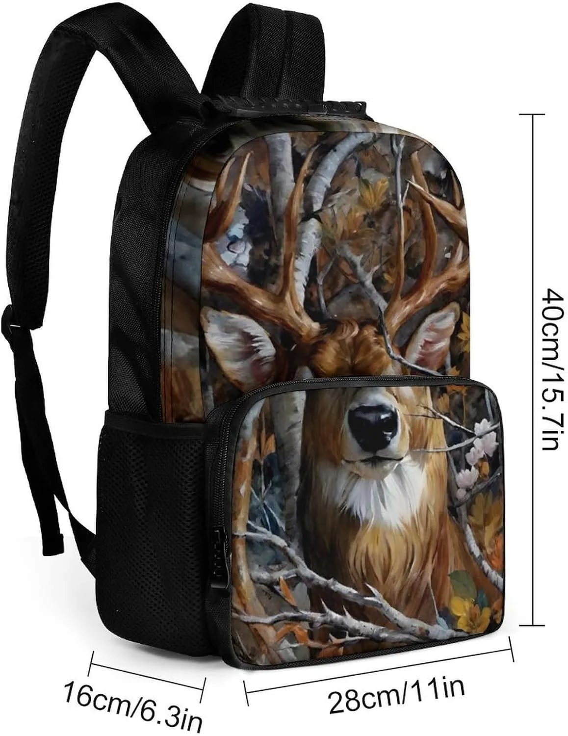 Men Women Polyester Camo Elk Deer Withered Branches Daypack Big Capacity Shoulder Bag With Smooth Zippers for Hiking Work Walking Cycling