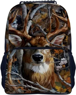 Men Women Polyester Camo Elk Deer Withered Branches Daypack Big Capacity Shoulder Bag With Smooth Zippers for Hiking Work Walking Cycling