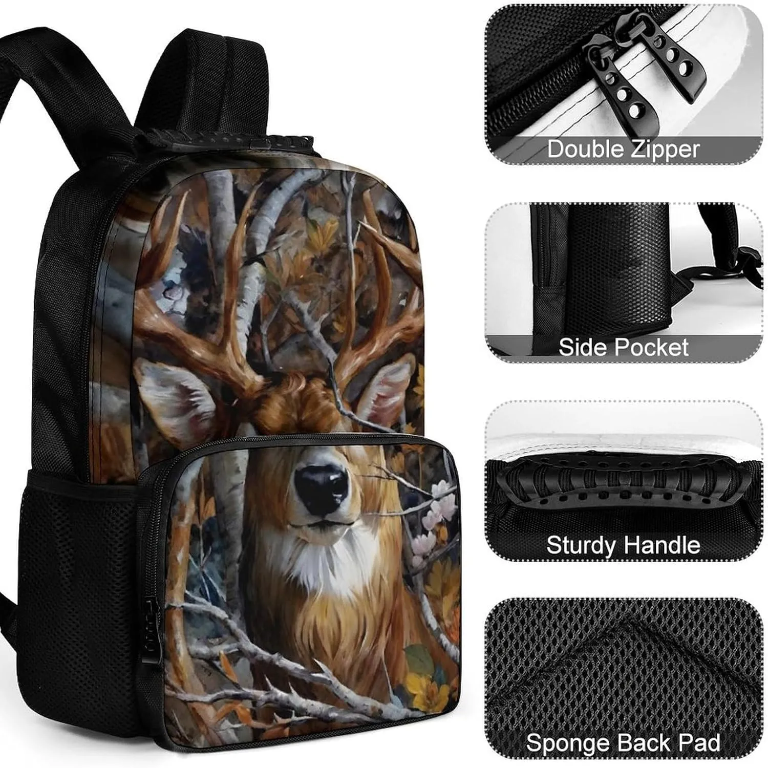 Men Women Polyester Camo Elk Deer Withered Branches Daypack Big Capacity Shoulder Bag With Smooth Zippers for Hiking Work Walking Cycling
