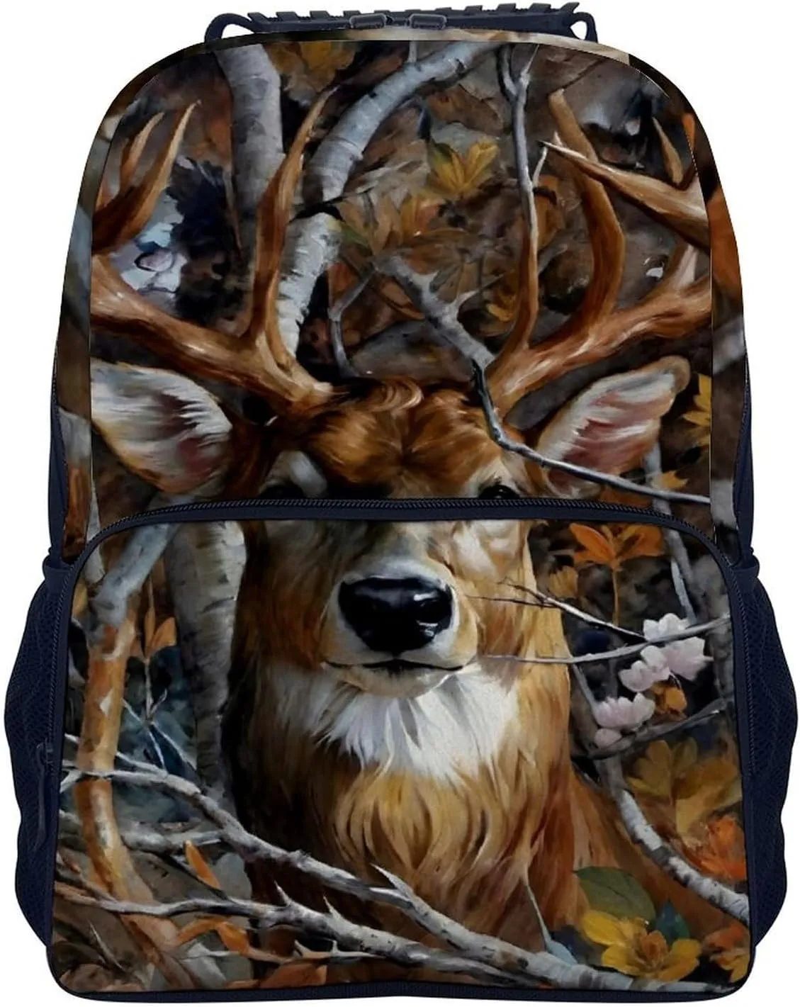 Men Women Polyester Camo Elk Deer Withered Branches Daypack Big Capacity Shoulder Bag With Smooth Zippers for Hiking Work Walking Cycling