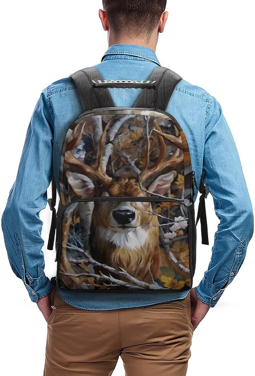Men Women Polyester Camo Elk Deer Withered Branches Daypack Big Capacity Shoulder Bag With Smooth Zippers for Hiking Work Walking Cycling