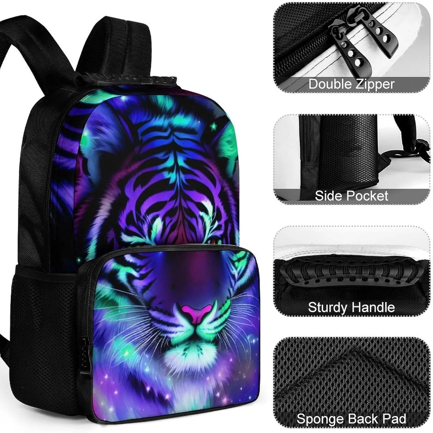 Men Women Polyester Mystic Fantasy Galaxy Sky Fantasy Tiger Wild Animals Boho Style Casual Daypack Large Capacity Carry On Bag With Adjustable Shoulder Straps for Camping Work Running