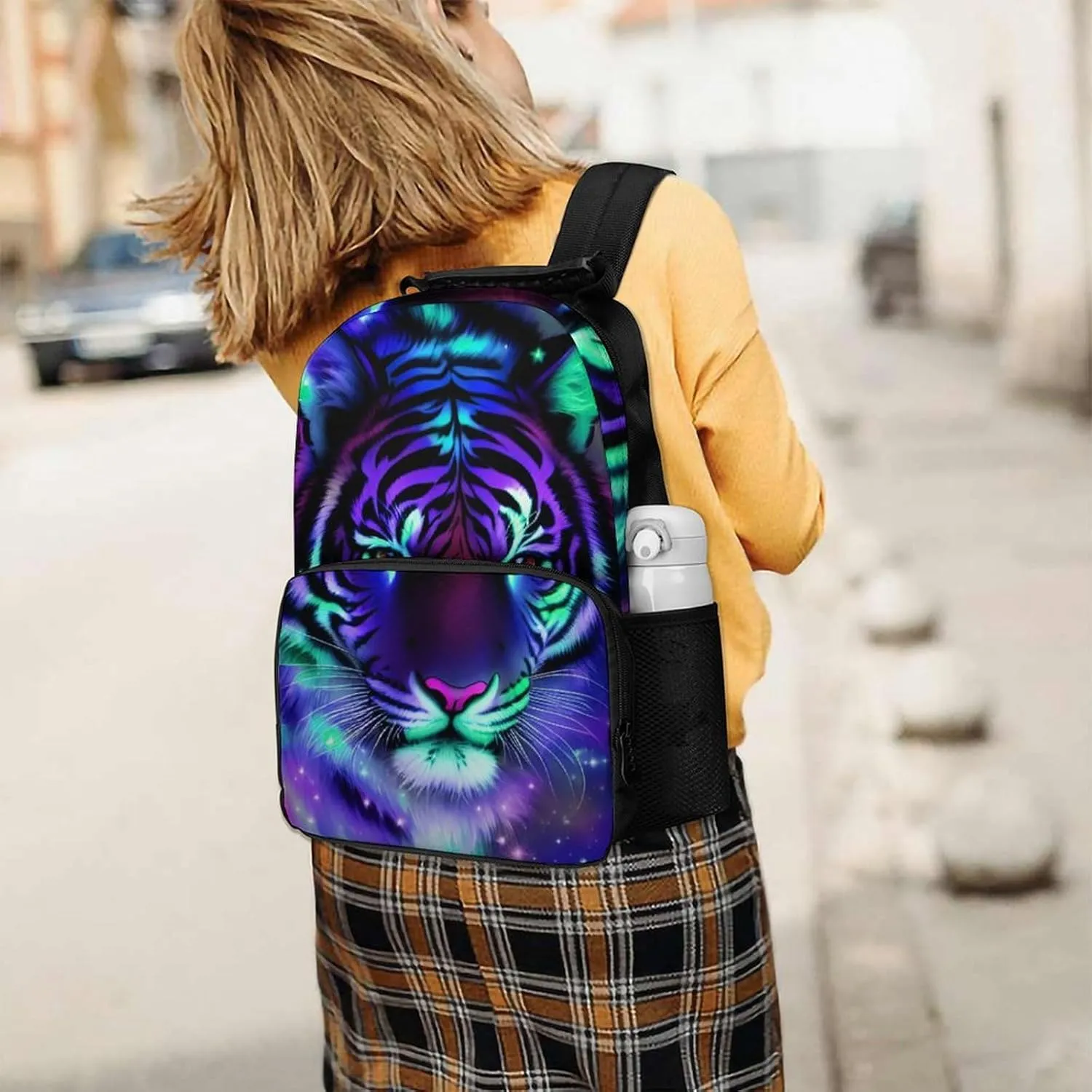 Men Women Polyester Mystic Fantasy Galaxy Sky Fantasy Tiger Wild Animals Boho Style Casual Daypack Large Capacity Carry On Bag With Adjustable Shoulder Straps for Camping Work Running