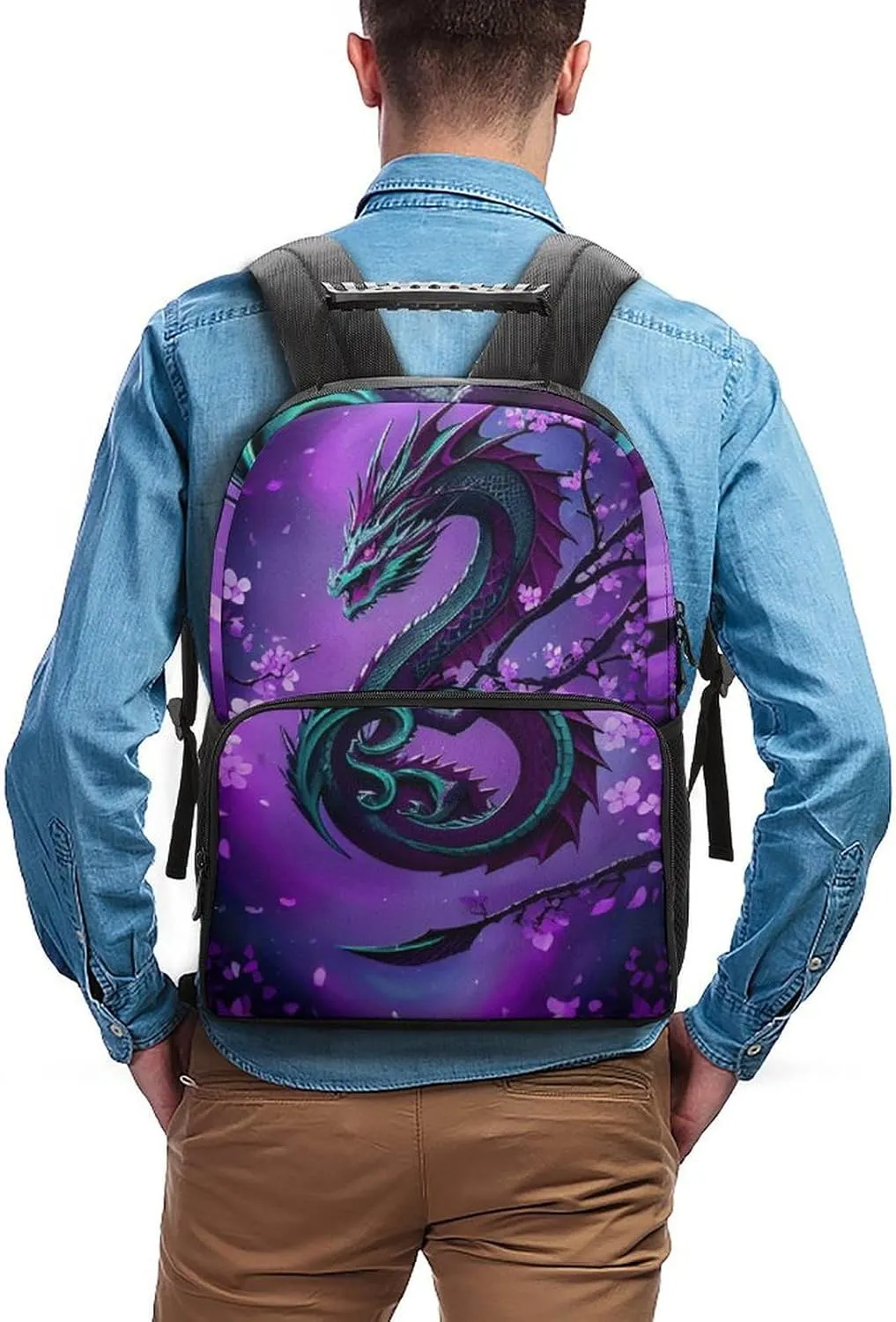 Men Women Polyester Romantic Dragon Cherry Flowers Art Daypack Big Capacity Shoulder Bag With Adjustable Shoulder Straps for Camping Travel Walking Cycling