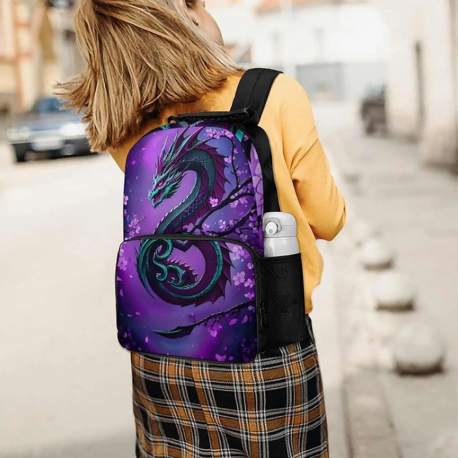 Men Women Polyester Romantic Dragon Cherry Flowers Art Daypack Big Capacity Shoulder Bag With Adjustable Shoulder Straps for Camping Travel Walking Cycling