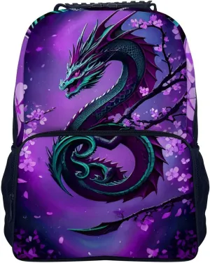 Men Women Polyester Romantic Dragon Cherry Flowers Art Daypack Big Capacity Shoulder Bag With Adjustable Shoulder Straps for Camping Travel Walking Cycling