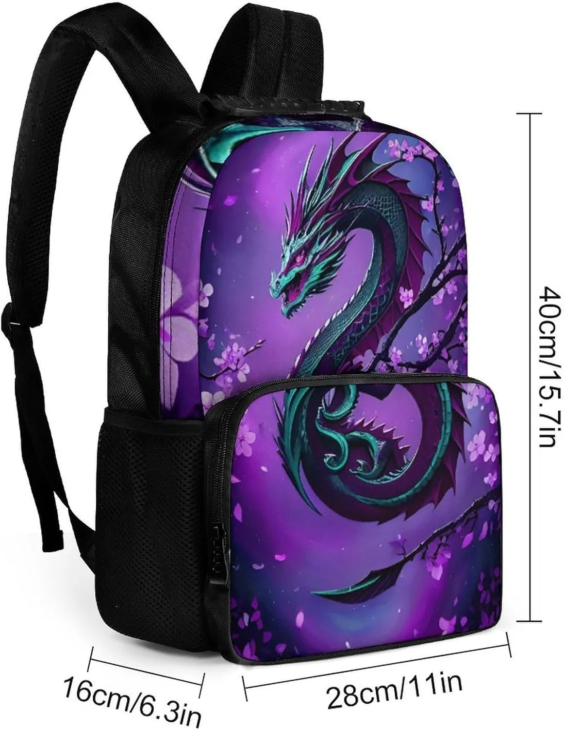 Men Women Polyester Romantic Dragon Cherry Flowers Art Daypack Big Capacity Shoulder Bag With Adjustable Shoulder Straps for Camping Travel Walking Cycling