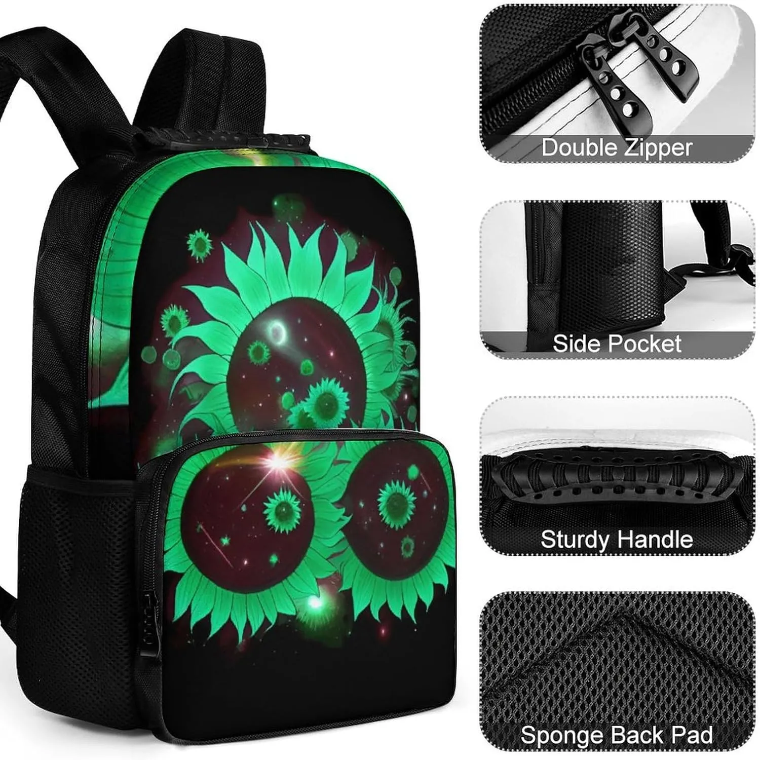 Men Women Polyester Space Sunflowers Art Daypack Bookbag Big Capacity Shoulder Bag With Padded Straps for Climbing Travel Walking Cycling