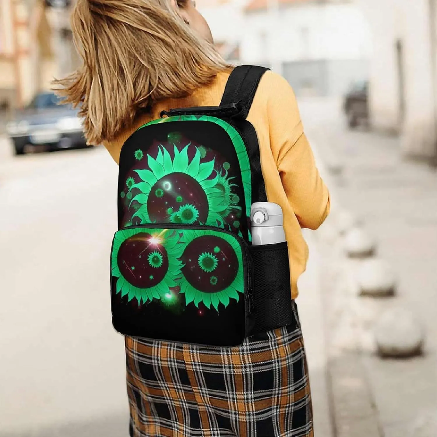 Men Women Polyester Space Sunflowers Art Daypack Bookbag Big Capacity Shoulder Bag With Padded Straps for Climbing Travel Walking Cycling