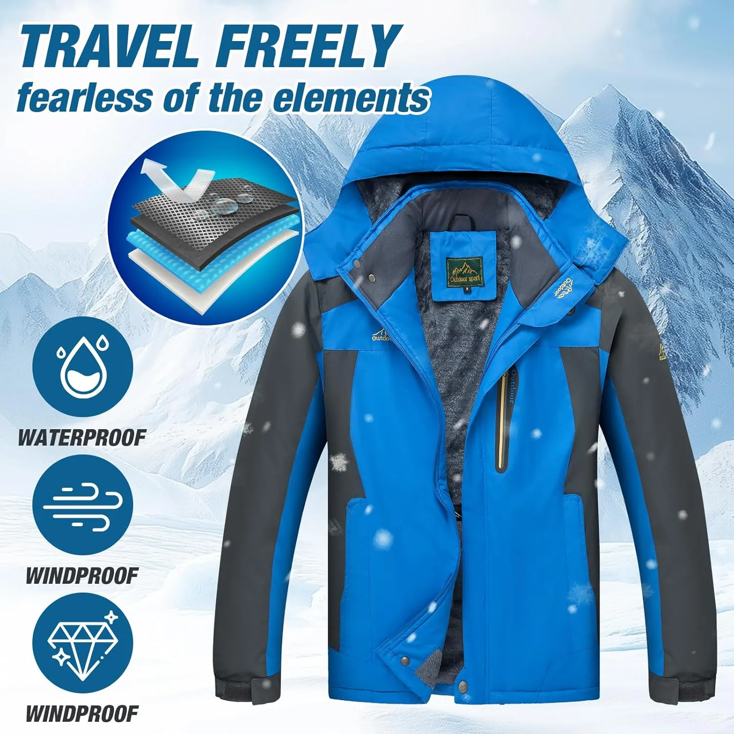 Men's Winter Ski Jacket Warm Waterproof Fleece Liner Snow Coat Hooded Windproof Mountain Raincoat