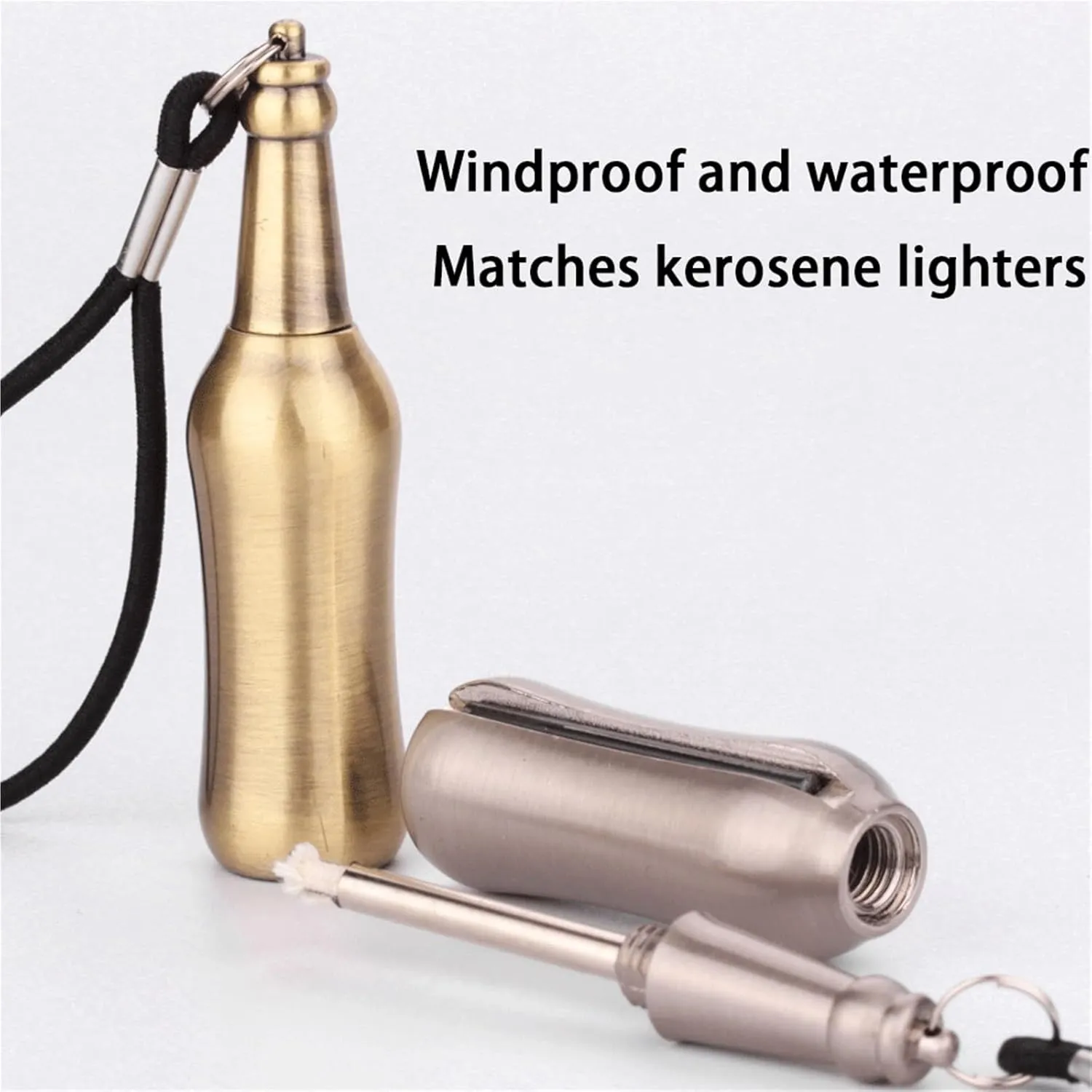Metal Windproof and Waterproof Portable Match Kerosene Lighter, Keychain Design, Refillable Fuel, Outdoor Emergency Survival Equipment (Kerosene Not Included)(Gold)