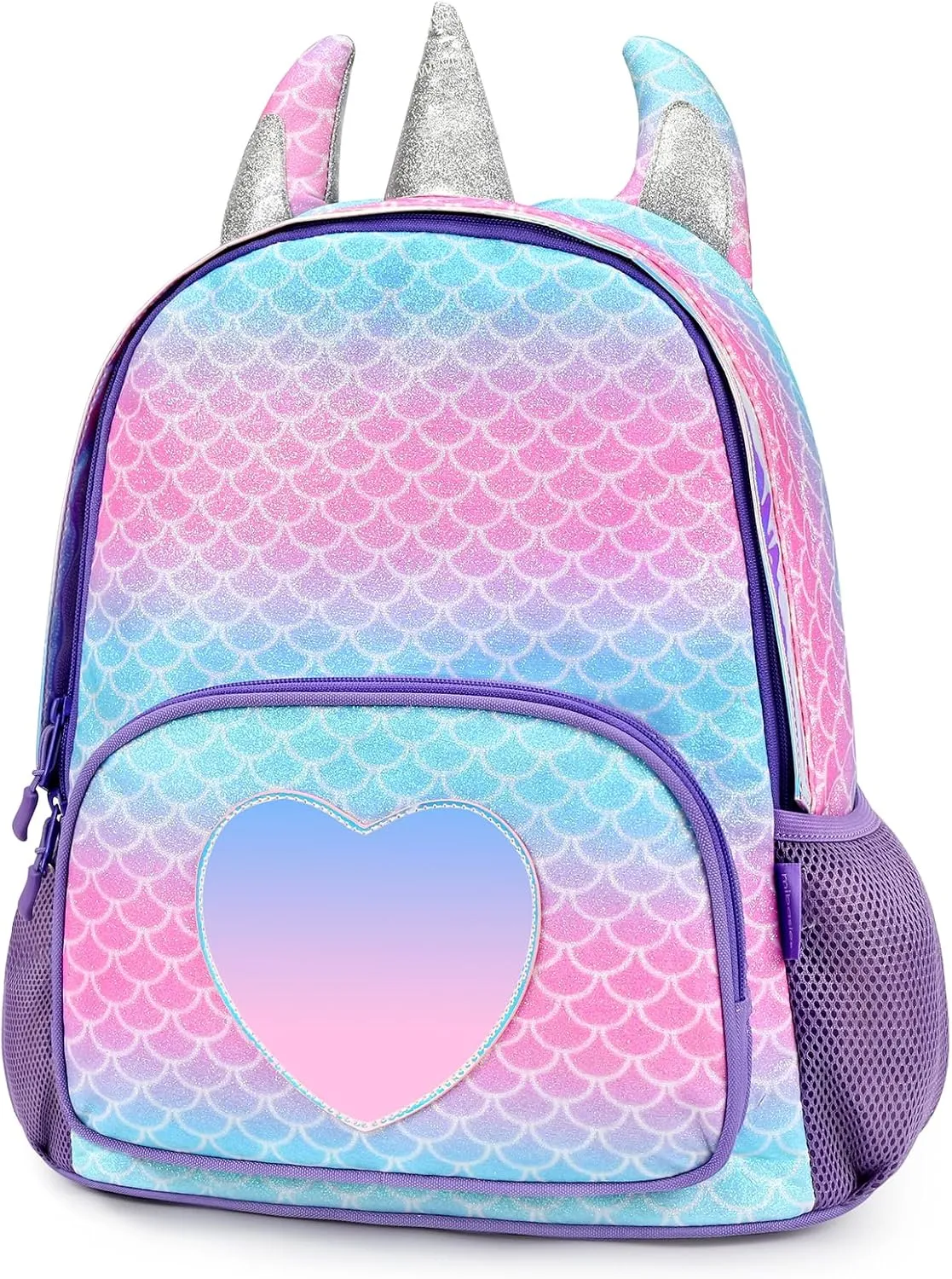 mibasies Unicorn Backpack for Girls, Glitter Rainbow Elementary School Bookbag（Purple Mermaid）