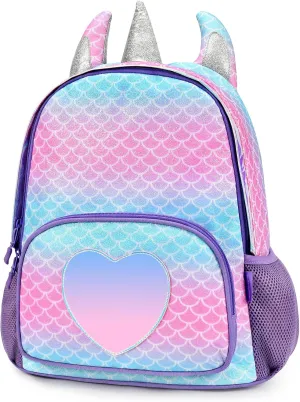 mibasies Unicorn Backpack for Girls, Glitter Rainbow Elementary School Bookbag（Purple Mermaid）