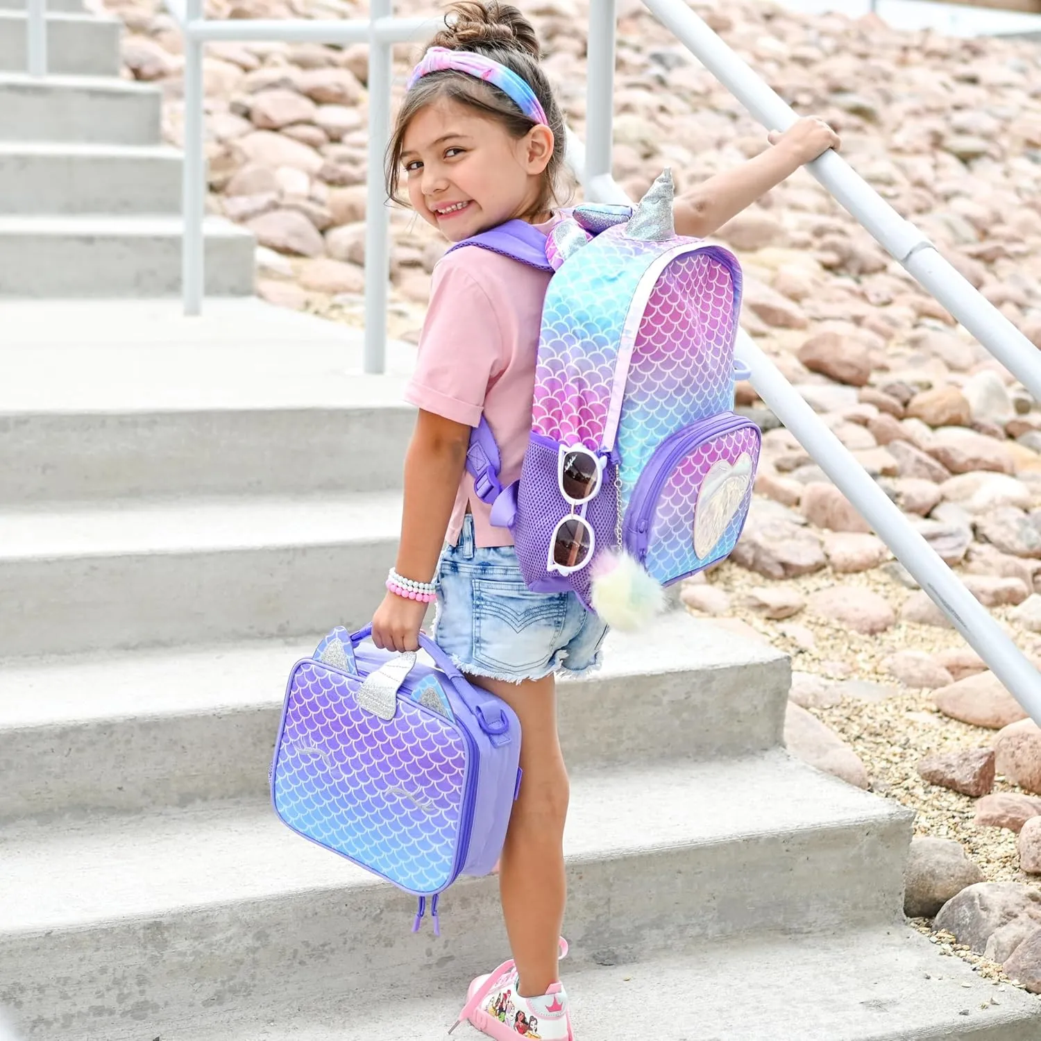 mibasies Unicorn Backpack for Girls, Glitter Rainbow Elementary School Bookbag（Purple Mermaid）