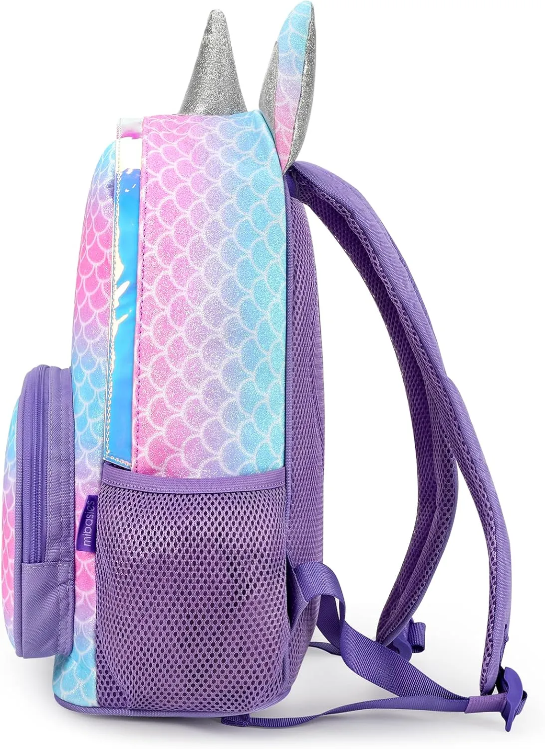 mibasies Unicorn Backpack for Girls, Glitter Rainbow Elementary School Bookbag（Purple Mermaid）