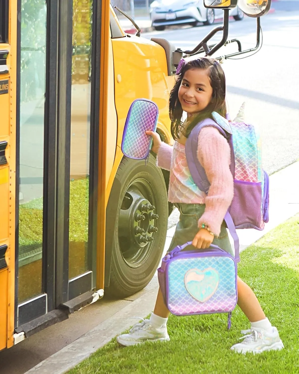 mibasies Unicorn Backpack for Girls, Glitter Rainbow Elementary School Bookbag（Purple Mermaid）