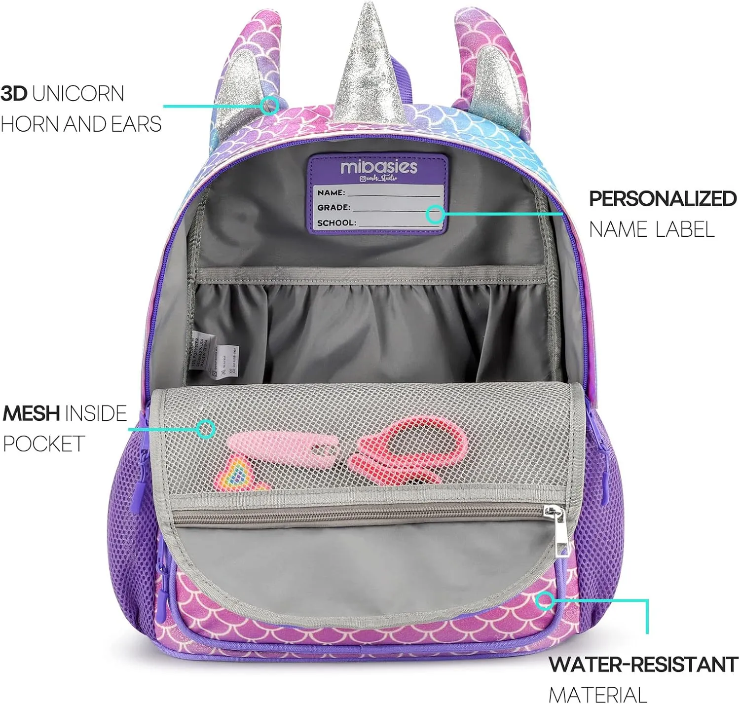 mibasies Unicorn Backpack for Girls, Glitter Rainbow Elementary School Bookbag（Purple Mermaid）
