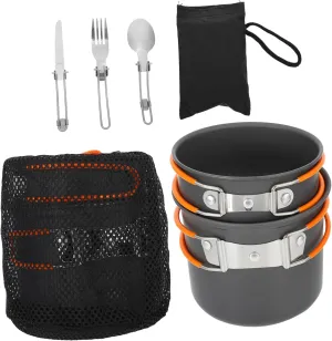 Mikikit 1 Set Portable Camping Cookware Lightweight Outdoor Cooking Kit with Cutlery for Hiking Backpacking Picnic Orange Non Stick Design