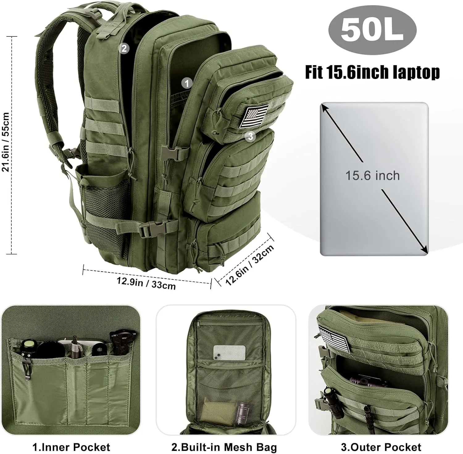 Military Tactical Backpack 50L Large Day Backpack for Men Molle Army 3 Days Assault Pack Bug Out Bag Water Resistant and Heavy Duty Hiking Treeking Rucksack - Dark Green