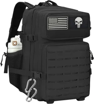 Military Tactical Backpack for Men 45L Large Capacity Assault Pack With Bottle Holder Hiking Rucksack 3 Days molle Hook & Loop Panels Backpack Includes Two Flags and Two Carabiner