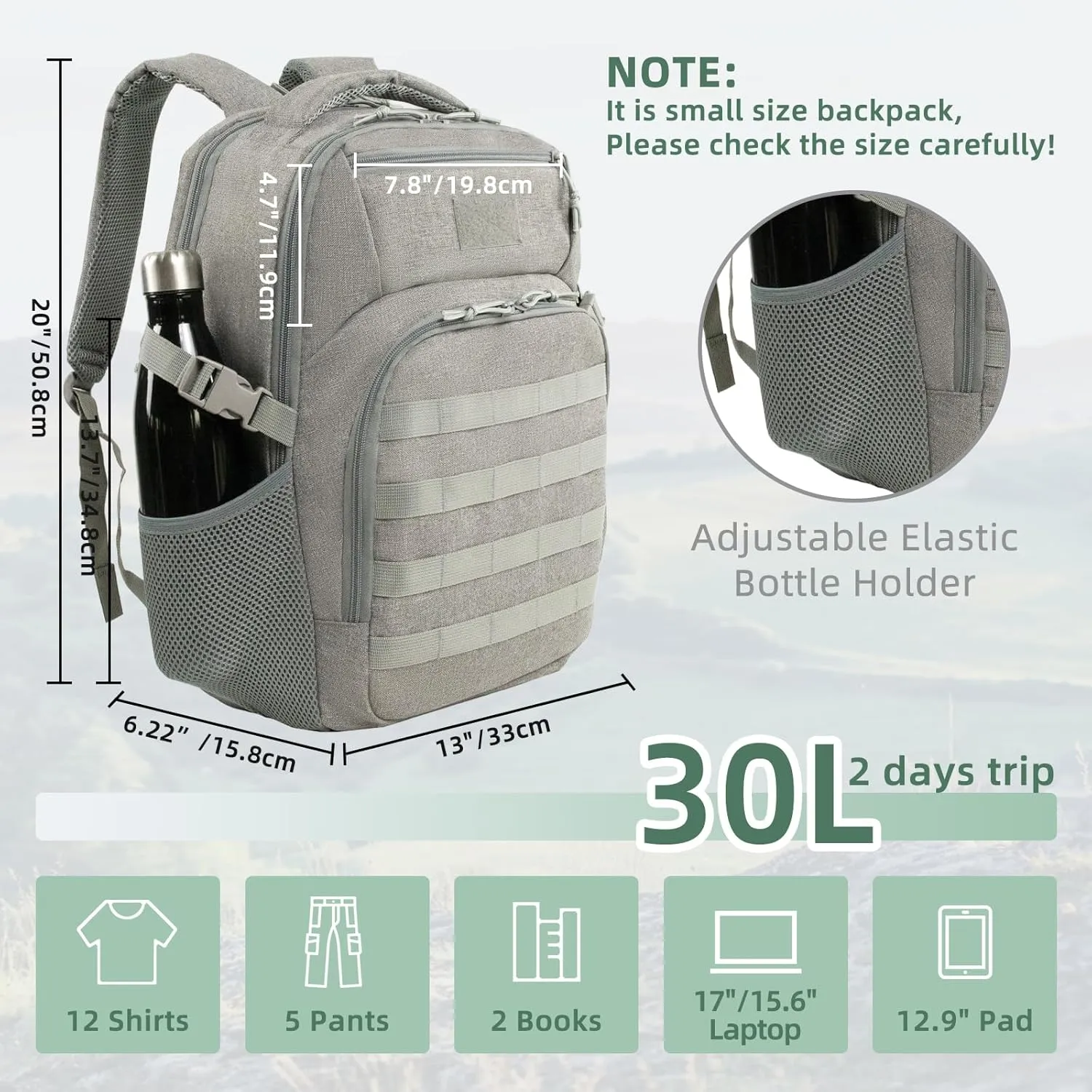 Military Tactical Backpack for Travel Hiking, 30L Backpack for Men and Women with Bottle Holder, Small Laptop Backpack for Work, College Computer Bag Fits 15.6/17 Inch Laptop and Notebook - Gray