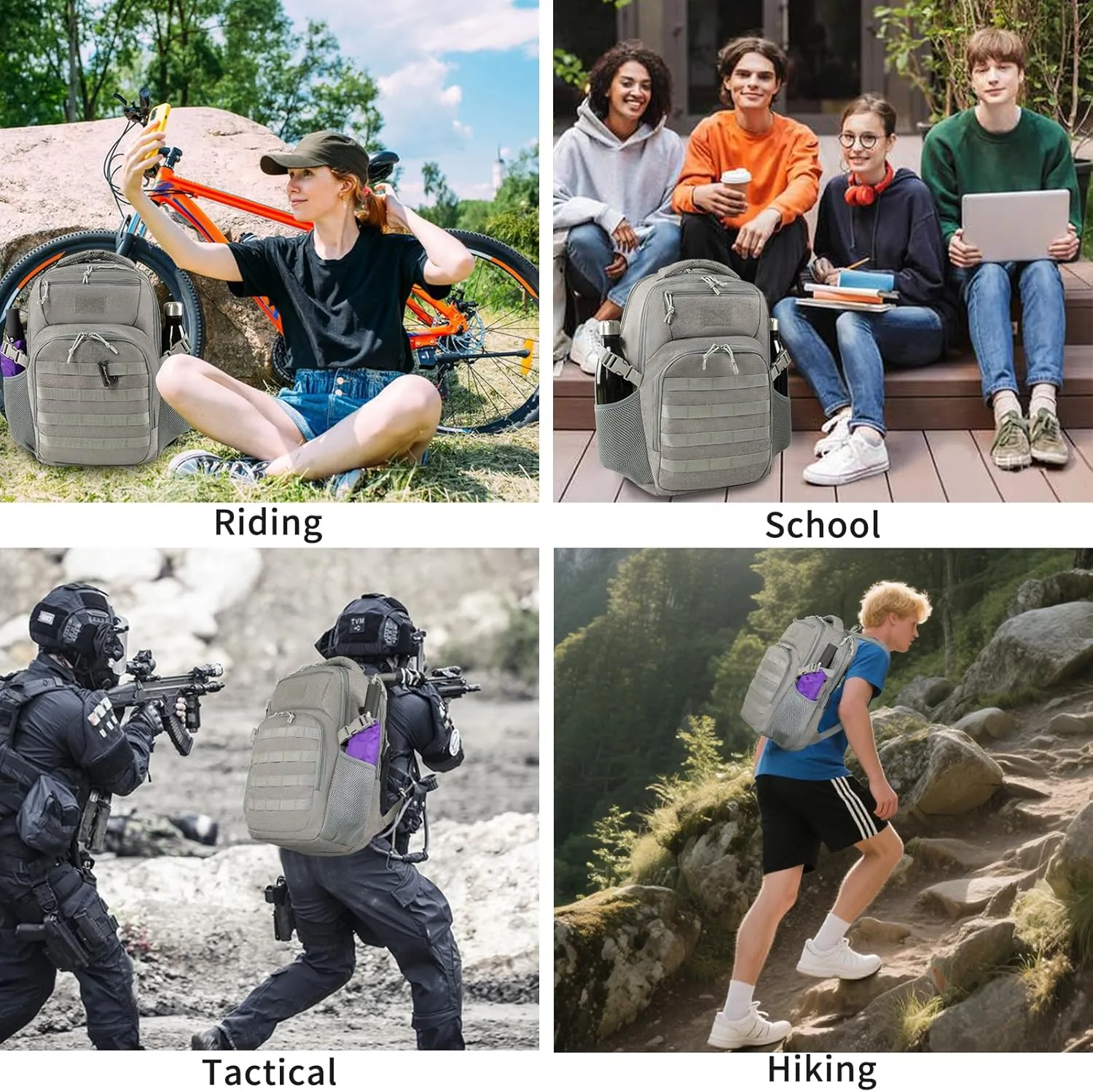 Military Tactical Backpack for Travel Hiking, 30L Backpack for Men and Women with Bottle Holder, Small Laptop Backpack for Work, College Computer Bag Fits 15.6/17 Inch Laptop and Notebook - Gray