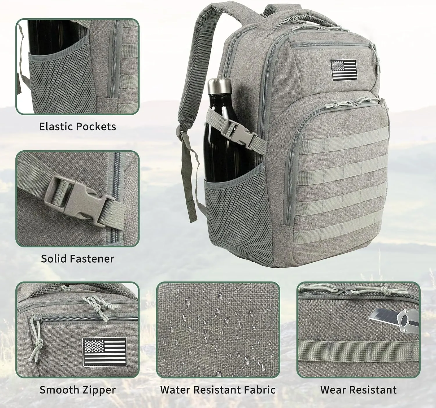 Military Tactical Backpack for Travel Hiking, 30L Backpack for Men and Women with Bottle Holder, Small Laptop Backpack for Work, College Computer Bag Fits 15.6/17 Inch Laptop and Notebook - Gray