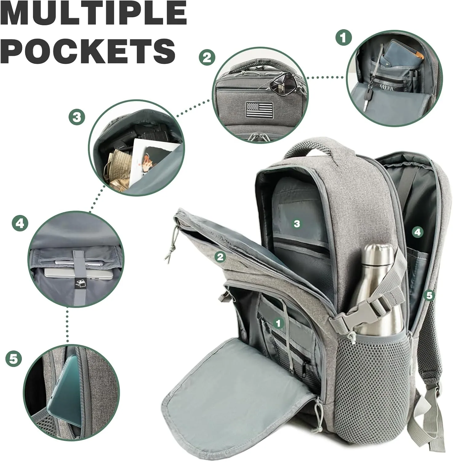 Military Tactical Backpack for Travel Hiking, 30L Backpack for Men and Women with Bottle Holder, Small Laptop Backpack for Work, College Computer Bag Fits 15.6/17 Inch Laptop and Notebook - Gray