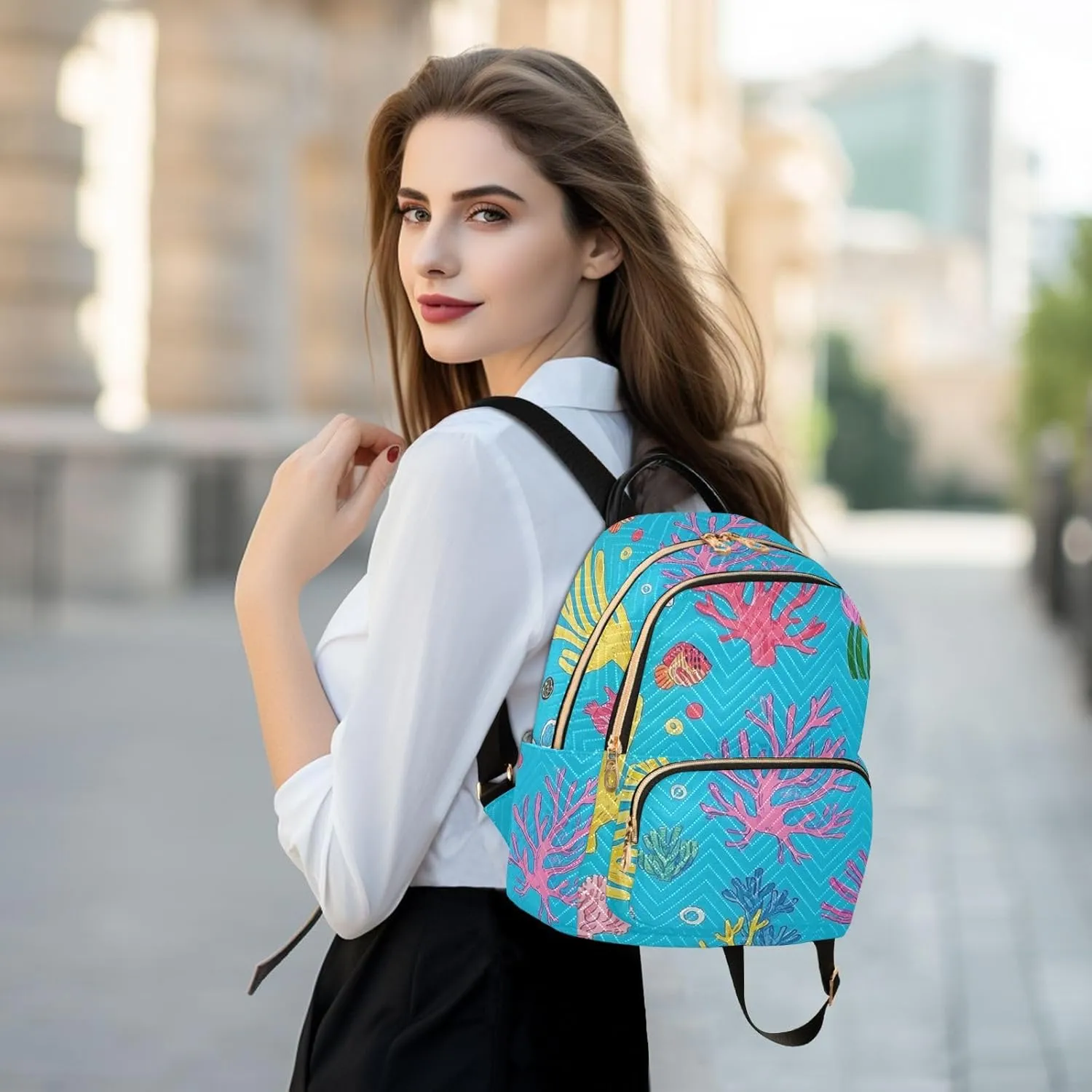 Mini Backpack Quilted Purse for Womens Small Backpack Daypack Coral Design for Travel Daily Work,Multi7