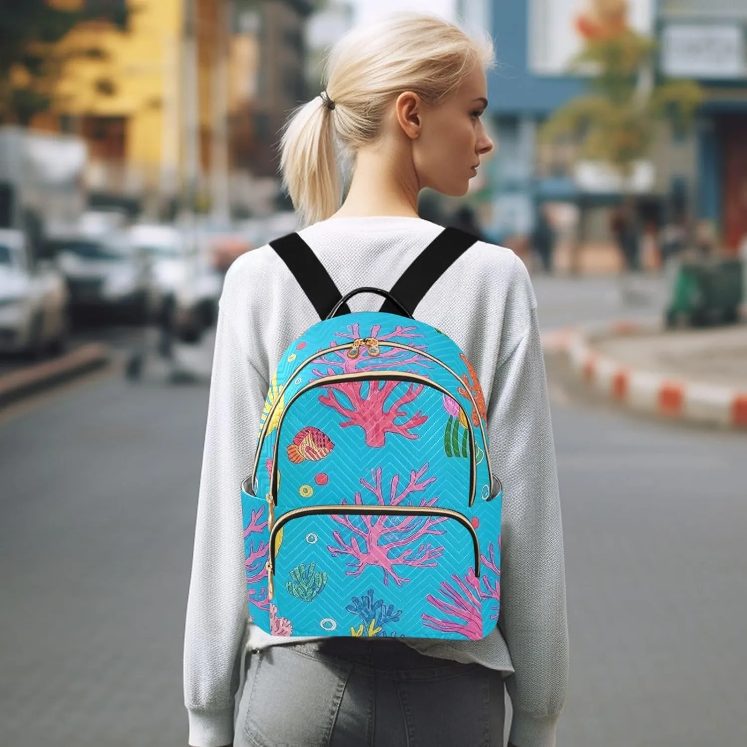 Mini Backpack Quilted Purse for Womens Small Backpack Daypack Coral Design for Travel Daily Work,Multi7