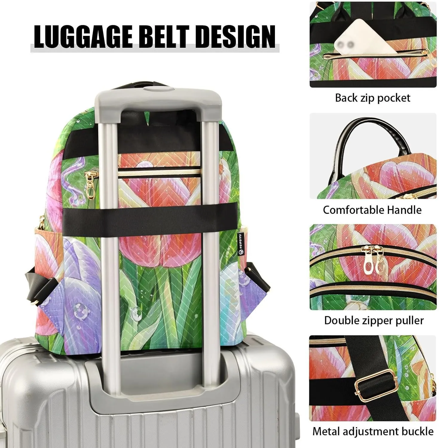 Mini Backpack Quilted Purse for Womens Small Backpack Daypack Tulips Design for Travel Daily Office,Multi12
