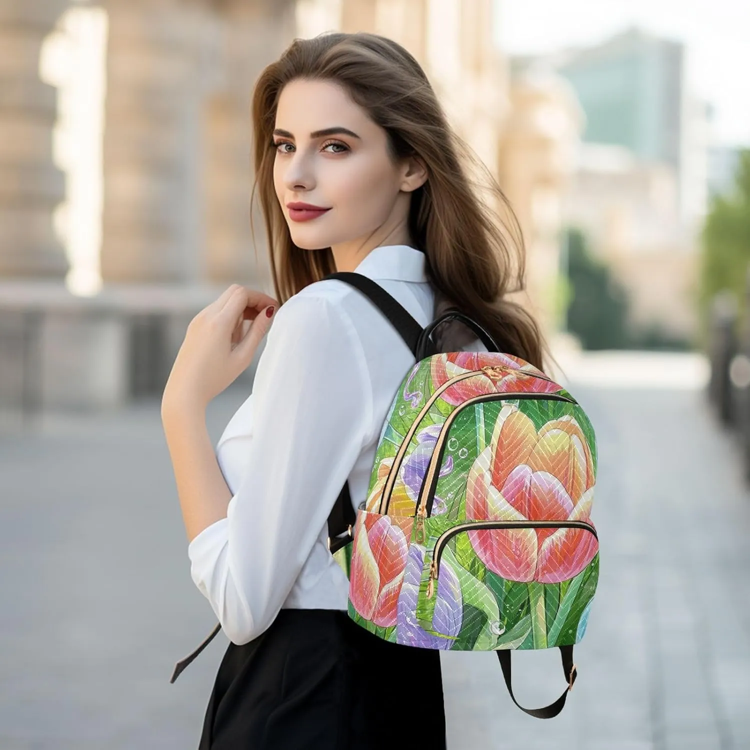 Mini Backpack Quilted Purse for Womens Small Backpack Daypack Tulips Design for Travel Daily Office,Multi12