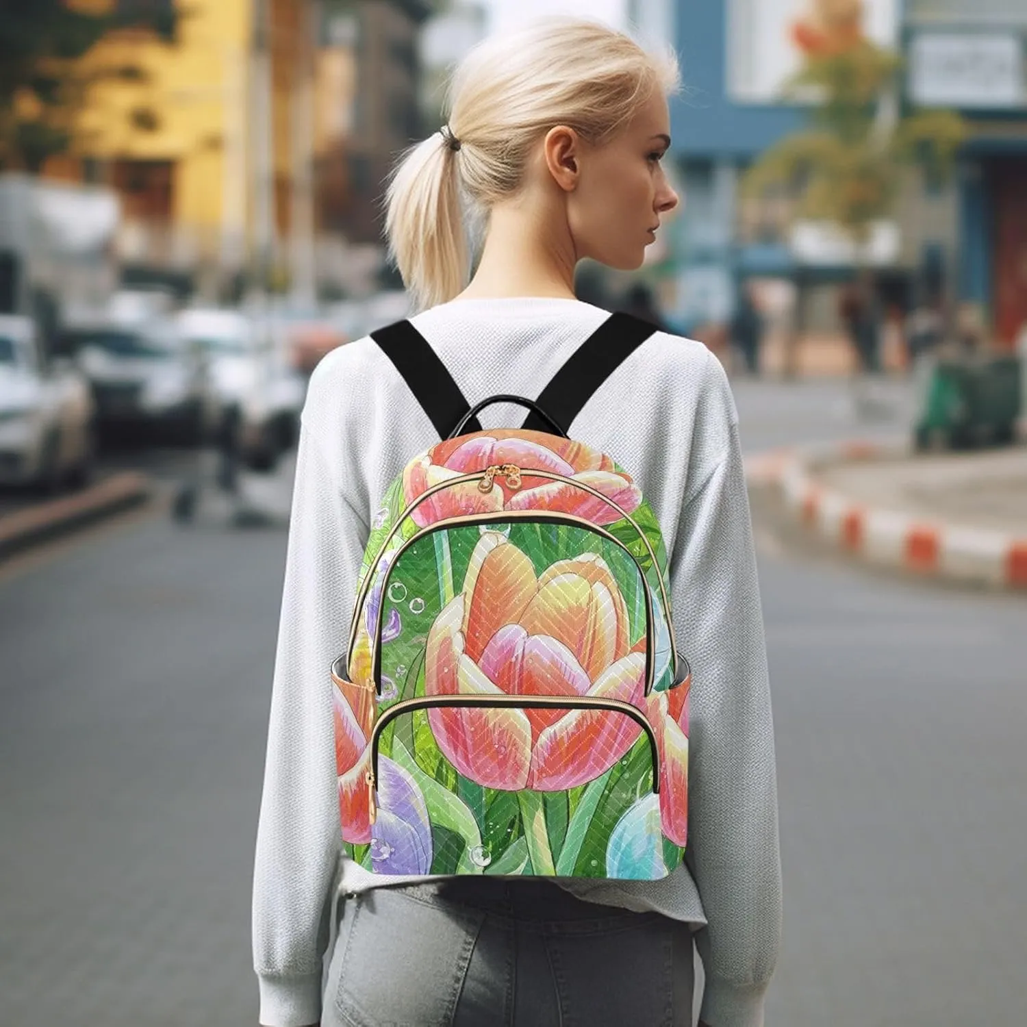 Mini Backpack Quilted Purse for Womens Small Backpack Daypack Tulips Design for Travel Daily Office,Multi12