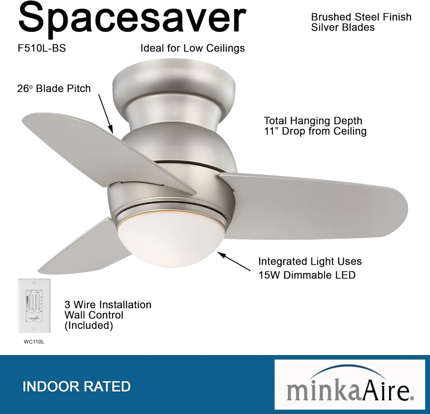 Minka-Aire F510L-BS, Spacesaver 26" Ceiling Fan, Brushed Steel Finish with Silver Blades