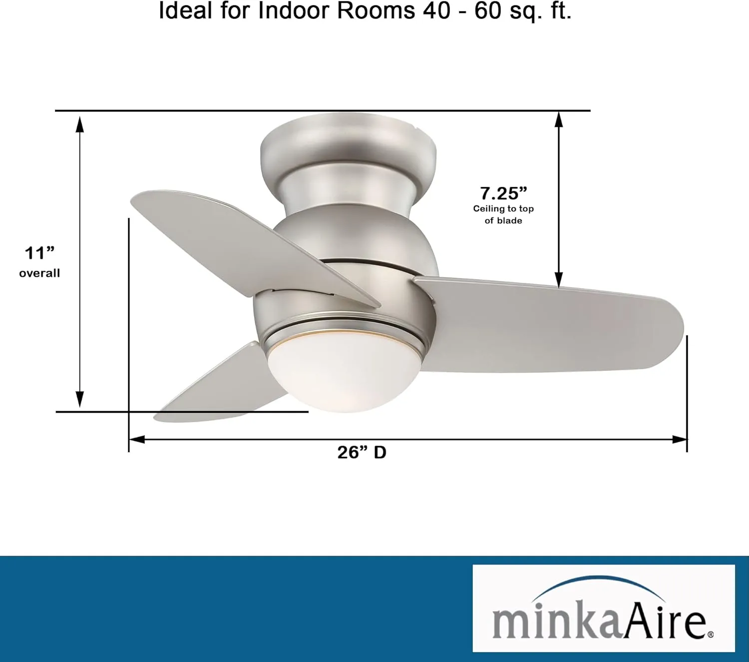 Minka-Aire F510L-BS, Spacesaver 26" Ceiling Fan, Brushed Steel Finish with Silver Blades