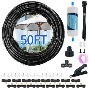 Misters for Outside Patio, 50FT Misting Cooling System with Water Filter & 16 Nozzles - Outdoor High Pressure Mister Kit for Patio, Garden, Backyard, Greenhouse - Cooling, Humidifying, DIY