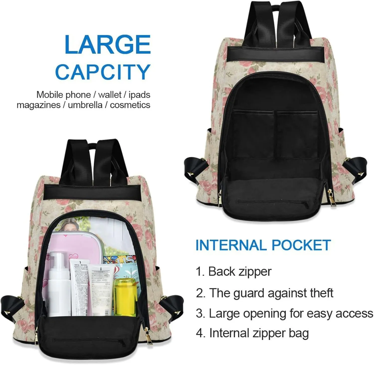 MNSRUU Women Backpack Purse Pink Roses Vintage Backpack for Women Anti-theft Shoulder Bag Carry On Backpack Lightweight Rucksack Fashion Travel Ladies Bags