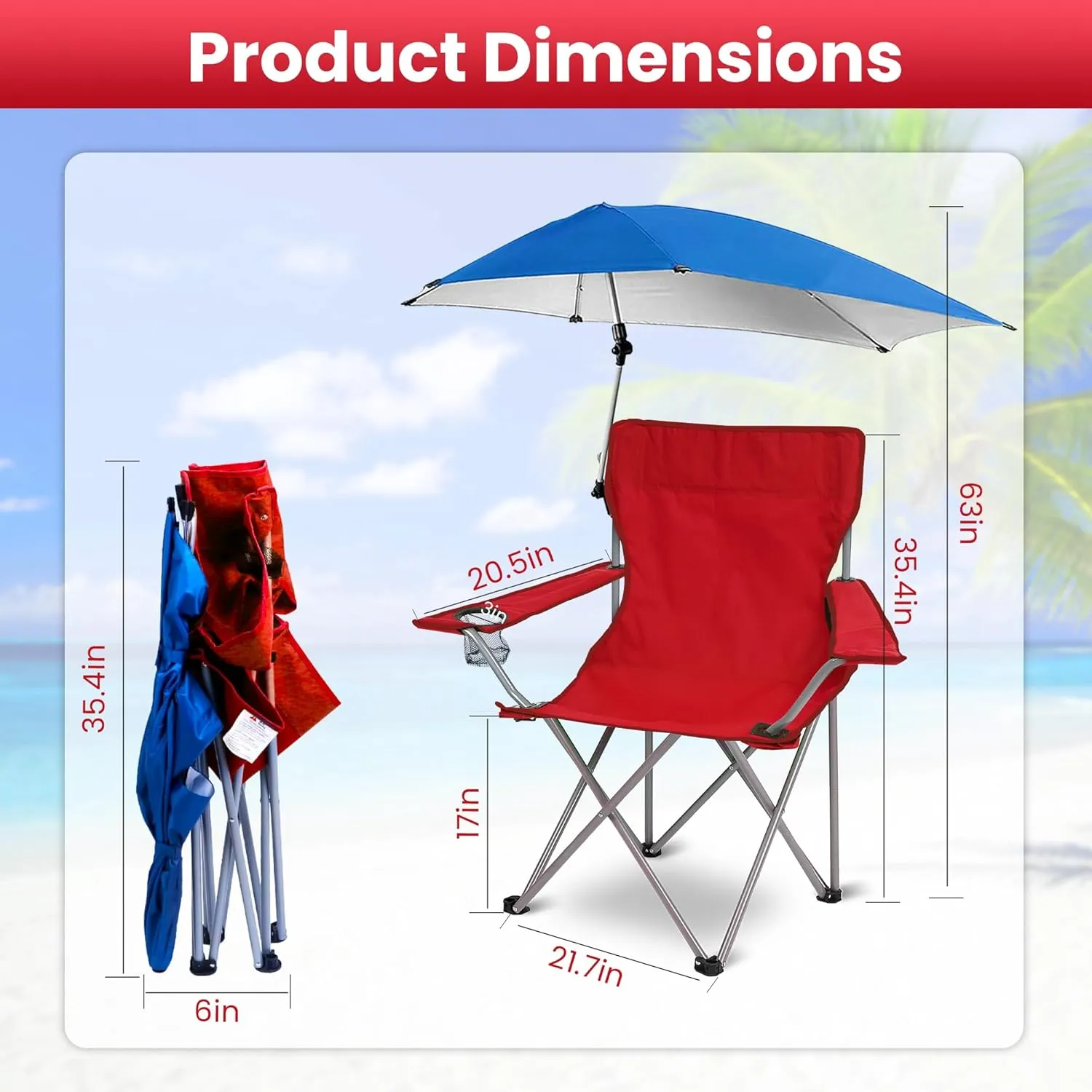 Moclever Foldable Beach Chair with Adjustable Umbrella, Wide Seat & High Backrest, Portable Camping Chair with Cup Holder & Carry Bag for Beach, Poolside, Lawn, Travel, and Outdoor Activities – Red