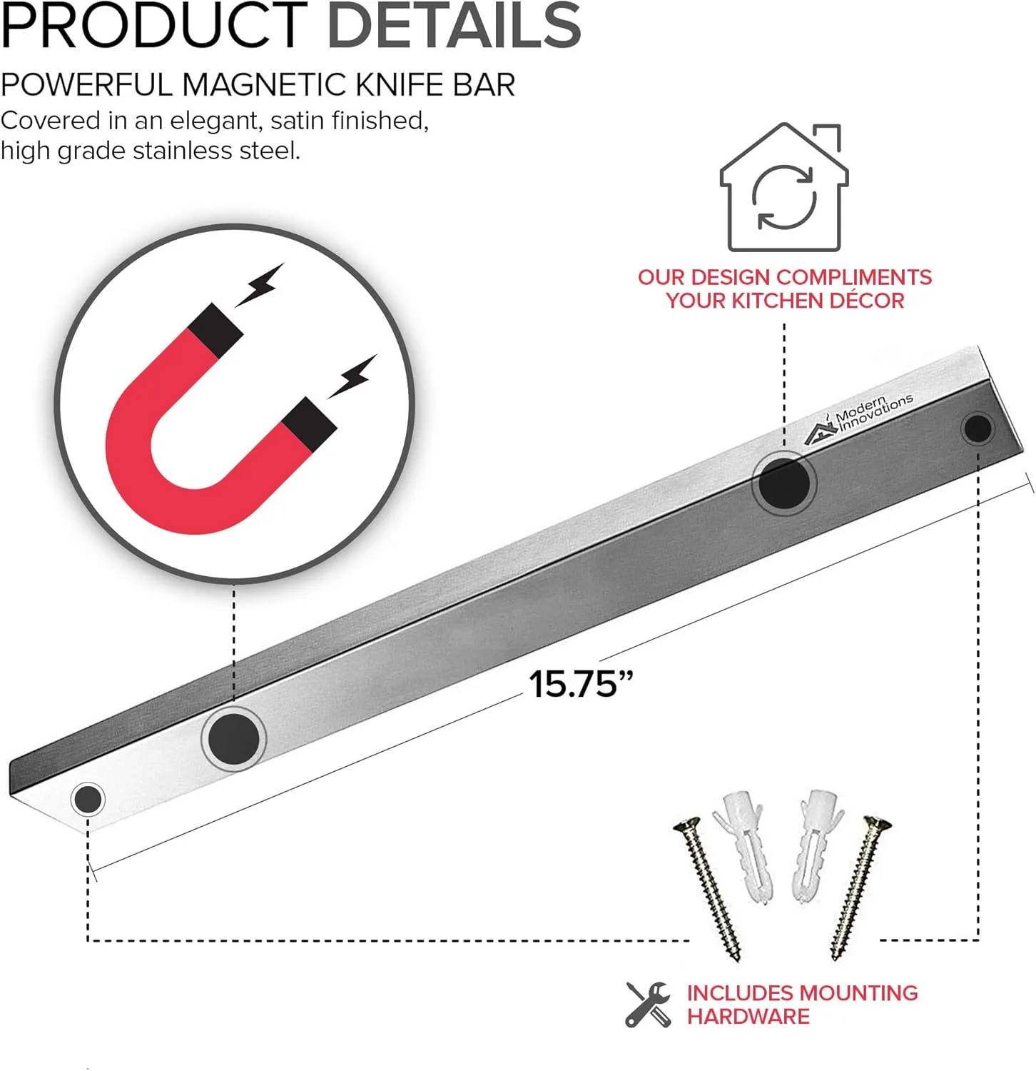 Modern Innovations 16 Inch Stainless Steel Magnetic Knife Bar with Multi-Purpose Functionality as a Knife Holder, Knife Strip, Magnetic Tool Organizer, Art Supply Organizer & Home Organizer