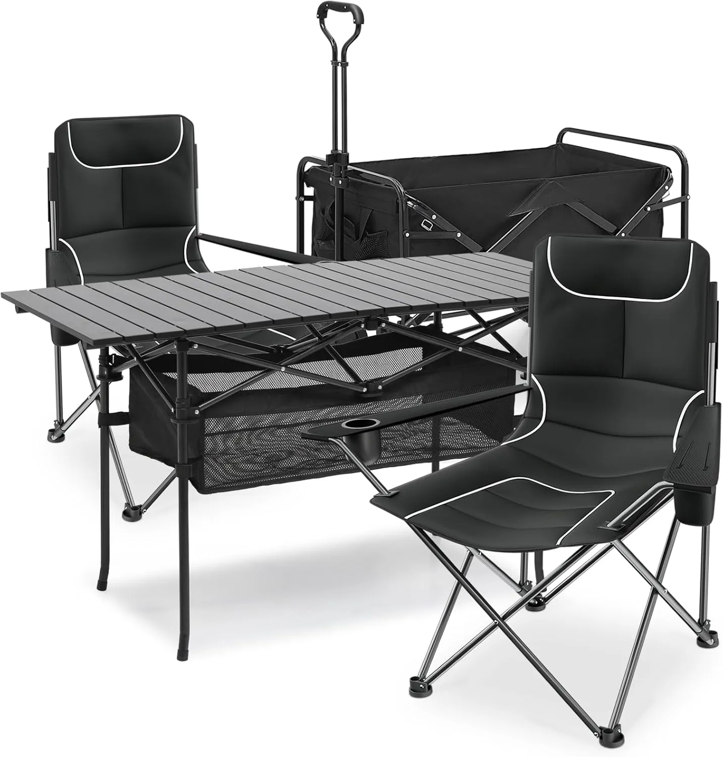 MoNiBloom Camping Chair Set of 2 Compact Backpacking Adjustable Height Folding Chair and 46.5" Length Camping Table Fold Up Lightweight with Utility Heavy Duty Foldable Wagons Carts for Outdoor Beach