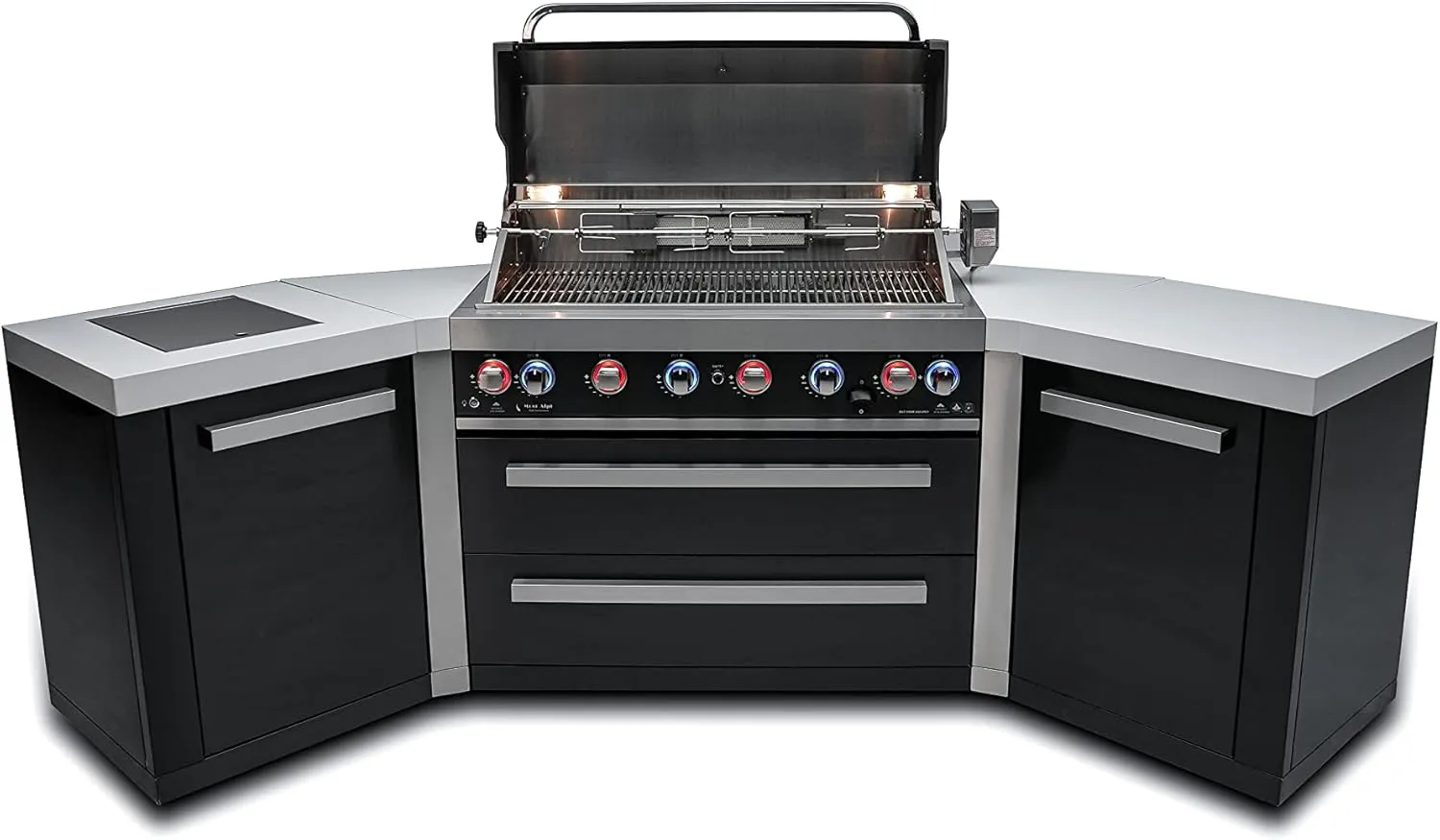 Mont Alpi MAi805-BSS45 44-inch 6-Burner 115000 BTU 45 Degree Black Stainless Steel Gas Outdoor Kitchen Bar Island Grill w/Infrared Side & Rear Burners   Granite Countertops   Storage Drawers