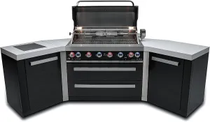 Mont Alpi MAi805-BSS45 44-inch 6-Burner 115000 BTU 45 Degree Black Stainless Steel Gas Outdoor Kitchen Bar Island Grill w/Infrared Side & Rear Burners   Granite Countertops   Storage Drawers