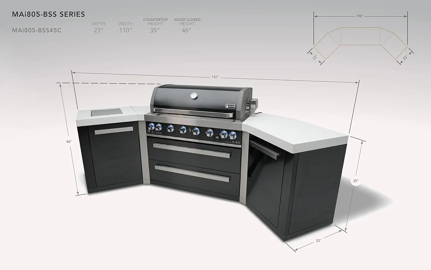Mont Alpi MAi805-BSS45 44-inch 6-Burner 115000 BTU 45 Degree Black Stainless Steel Gas Outdoor Kitchen Bar Island Grill w/Infrared Side & Rear Burners   Granite Countertops   Storage Drawers