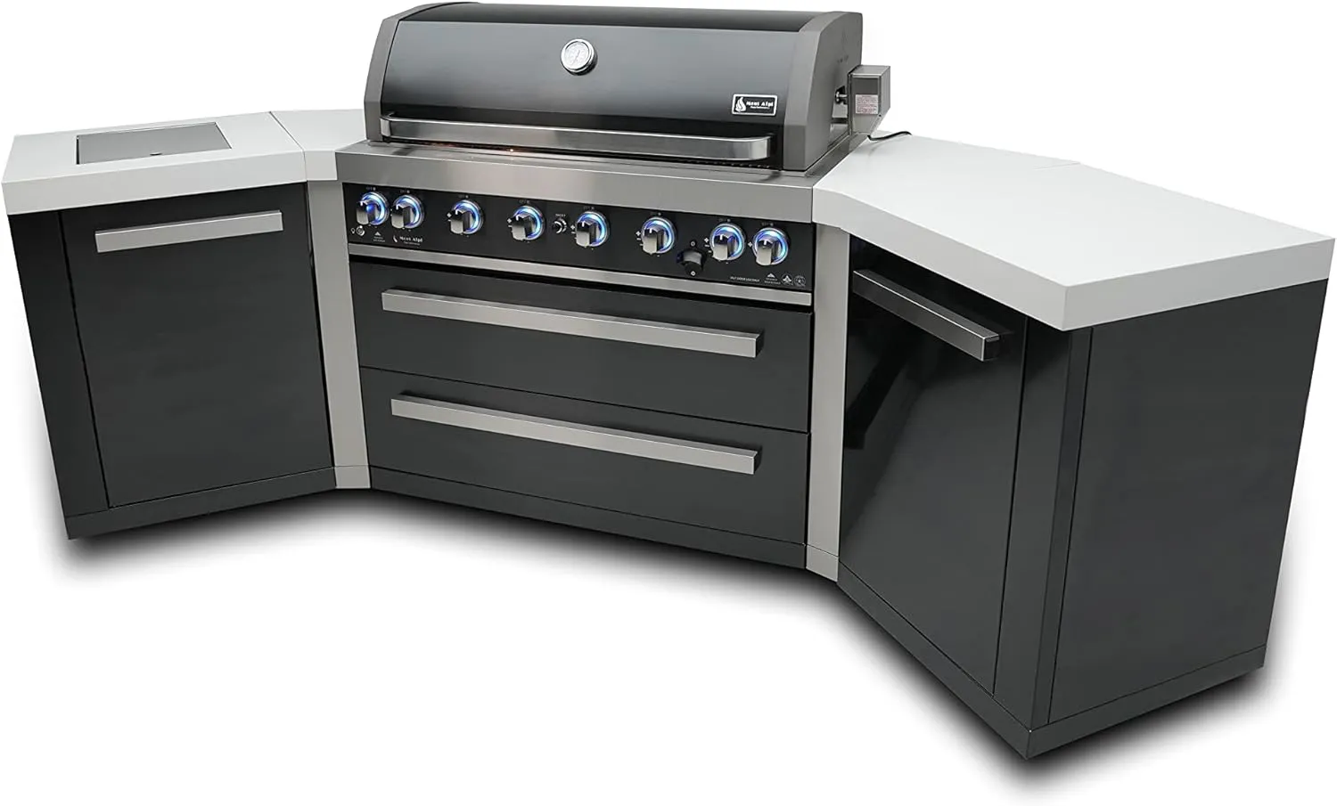 Mont Alpi MAi805-BSS45 44-inch 6-Burner 115000 BTU 45 Degree Black Stainless Steel Gas Outdoor Kitchen Bar Island Grill w/Infrared Side & Rear Burners   Granite Countertops   Storage Drawers