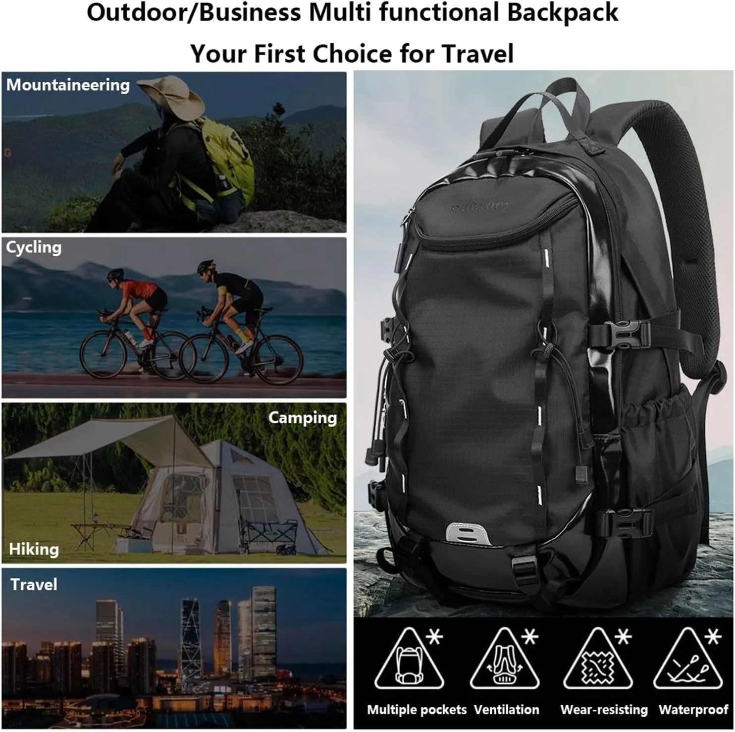 Mountaineering Backpack for Men 40L, Waterproof Outdoor Sport Backpack for Climbing Travel Hiking Cycling CampingTrekking (Black,40L)